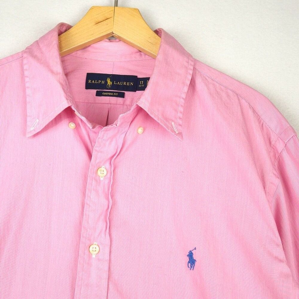 Polo Ralph Lauren Cotton Dress Shirt Men 17 32/33 Pink Custom Fit Slim Logo READ